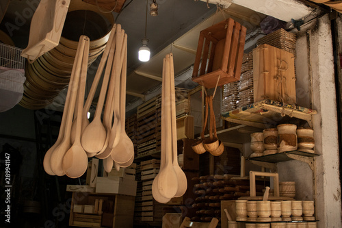 Shop producing wooden materials. Wooden products are on the shelf.