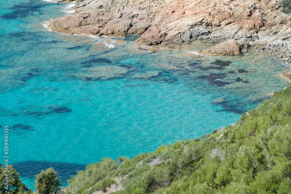 Cargese beach in Corsica Island, France. Idyllic beach in the Mediterranean Sea.
