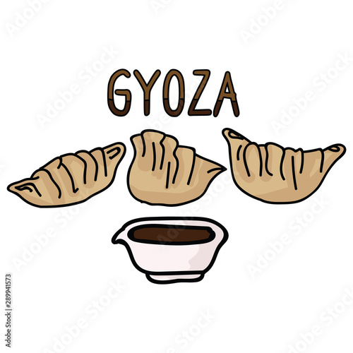 Cute gyoza meal with soy sauce typography. Hand drawn asian dumpling snack clipart. 