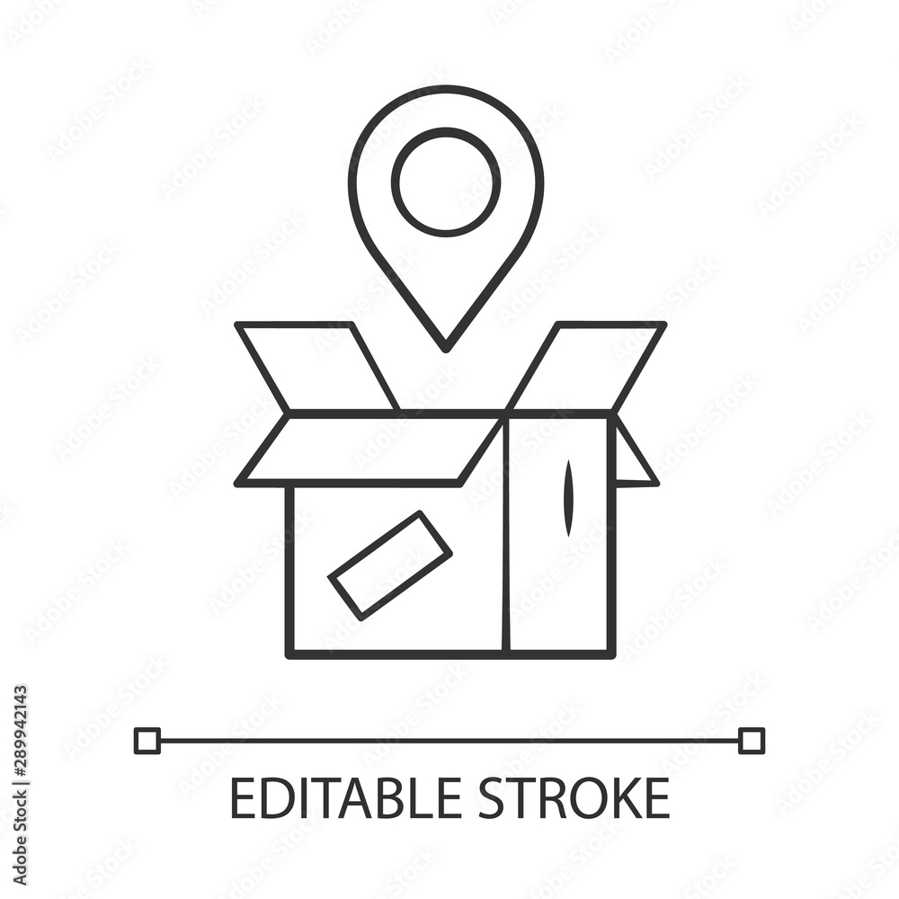 Parcel tracking linear icon. Package location monitoring. Order status postal tracking. Delivery service. Cardboard box with map pin. Contour symbol. Vector isolated outline drawing. Editable stroke Parcel tracking linear icon. Package location monitoring. Order status postal tracking. Delivery service. Cardboard box with map pin. Contour symbol. Vector isolated outline drawing. Editable stroke
