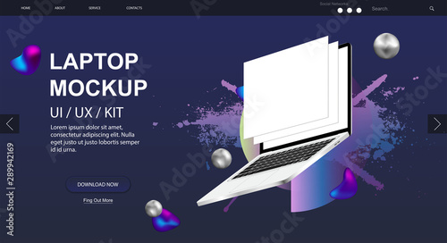 Laptop rotated position Mockup and website design. Realistic Notebook with blank blank web wireframing screens. Laptop perspective view. Template for infographics or presentation UI design. Vector