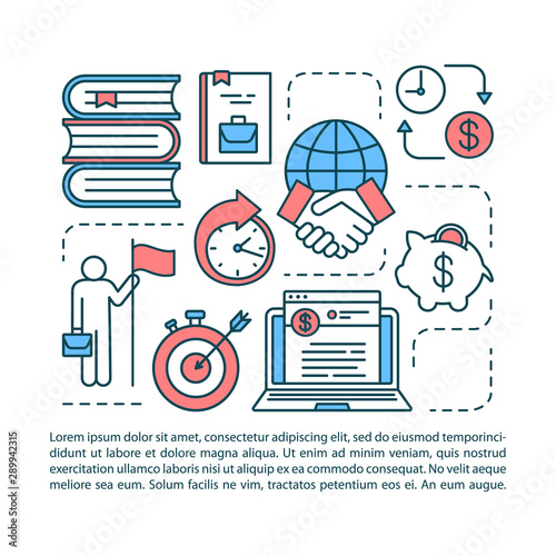 Business & corporate literature article page vector template. Brochure, magazine, booklet design element with linear icons. Financial goals achieving. Print design. Concept illustrations with text