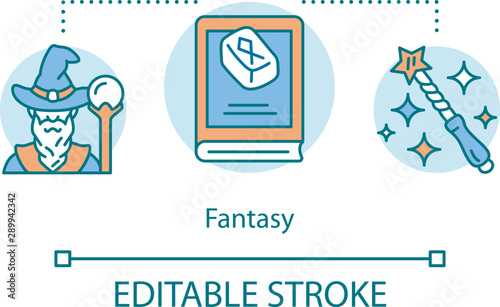 Fantasy books concept icon. Fantastic literature idea thin line illustration. Magic worlds, adventures, mystic ancient times. Imaginary stories. Vector isolated outline drawing. Editable stroke