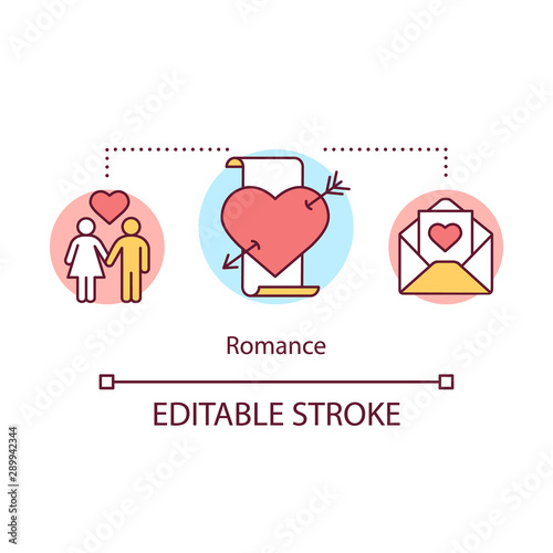 Romance books concept icon. Romantic literature idea thin line illustration. Heartbreaking love stories and novels. Passion & love affairs. Vector isolated outline drawing. Editable stroke
