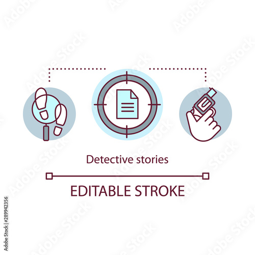 Detective stories books concept icon. Crime fiction literature idea thin line illustration. Criminal stories and investigations. Proof searching. Vector isolated outline drawing. Editable stroke