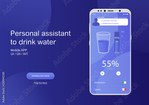 Drink water mobile app. UI, UX, GUI Application to control the daily intake of water. Healthy lifestyle, sport concept.  The recommended dose of water every day and track your progress. Fitness App