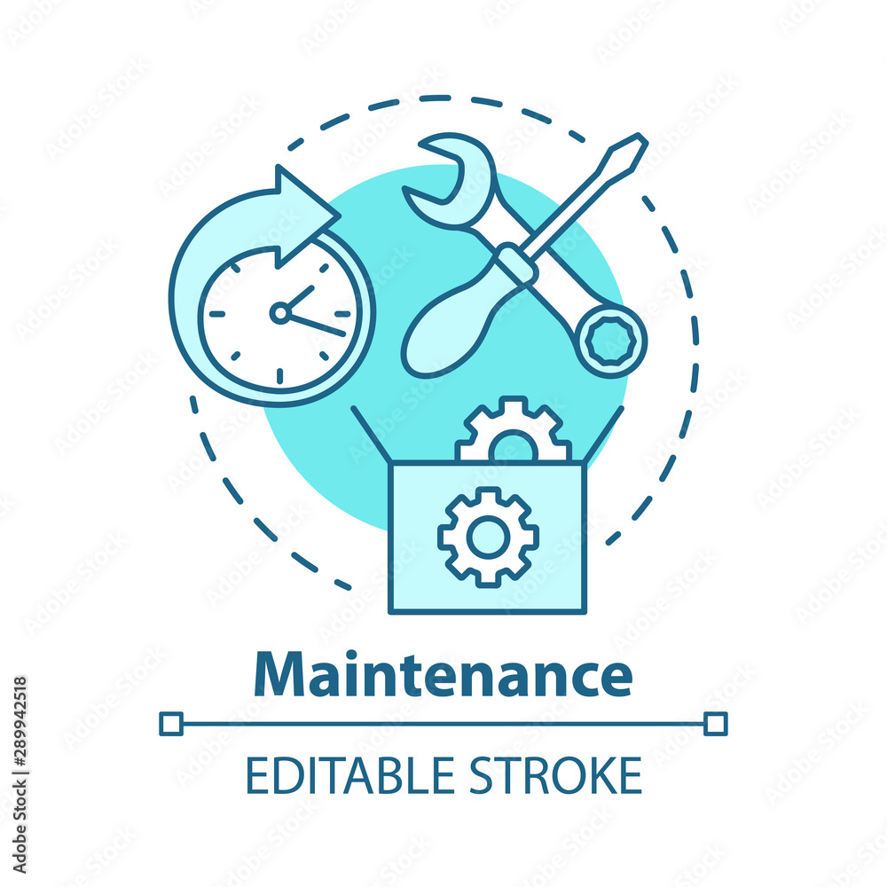 Maintenance concept icon. Round-the-clock workshop. Equipment setup. Repairs. Support. Warranty service idea thin line illustration. Vector isolated outline drawing. Editable stroke