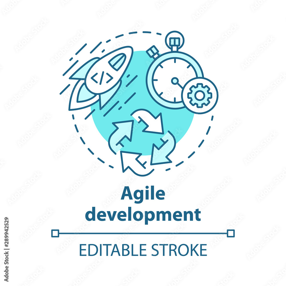 Agile development concept icon. Short term teamwork. Strategic management. Software programming cycle. Start IT project idea thin line illustration. Vector isolated outline drawing. Editable stroke Agile development concept icon. Short term teamwork. Strategic management. Software programming cycle. Start IT project idea thin line illustration. Vector isolated outline drawing. Editable stroke