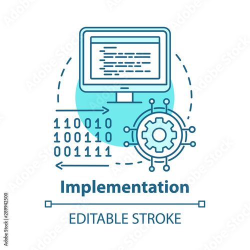 Implementation concept icon. Software coding. Computer programming and deployment idea thin line illustration. Information technology. Vector isolated outline drawing. Editable stroke
