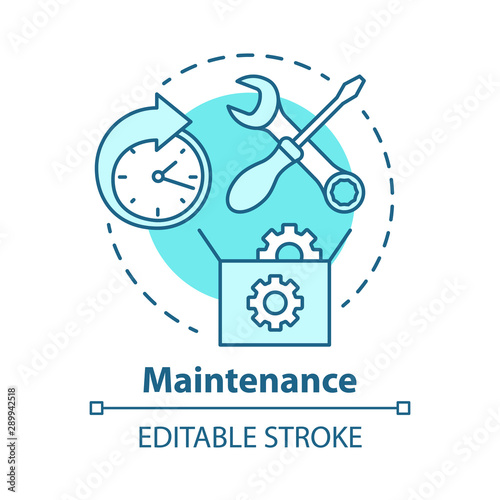 Maintenance concept icon. Round-the-clock workshop. Equipment setup. Repairs. Support. Warranty service idea thin line illustration. Vector isolated outline drawing. Editable stroke