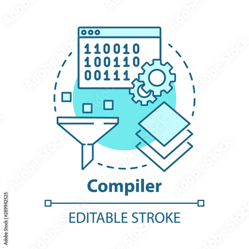 Compiler concept icon. Software development. Machine language. Programming. Data filtering. Computer code translation idea thin line illustration. Vector isolated outline drawing. Editable stroke