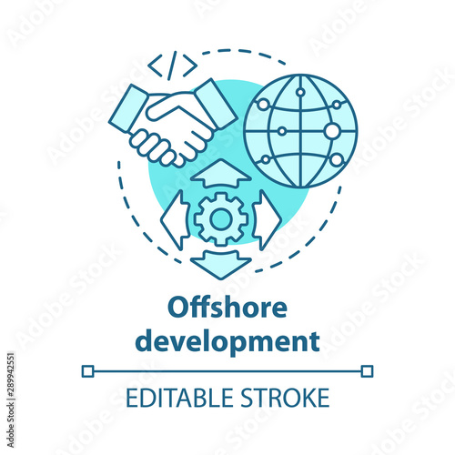 Offshore development concept icon. Recruiting freelancers from around world. International IT business company idea thin line illustration. Vector isolated outline drawing. Editable stroke