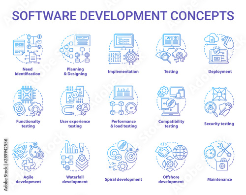 Software development concept icons set. Designing, programming, testing, fixing and maintaining programs. App creation idea thin line illustrations. Vector isolated outline drawings