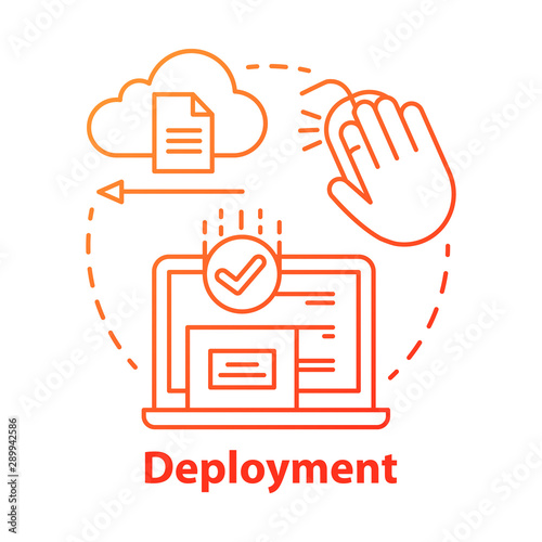 Deployment concept icon. Data send, receive. Product release. Usability test. Delivering completed software to consumers idea thin line illustration. Vector isolated outline drawing