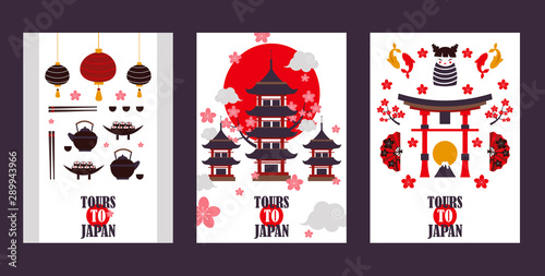 Japan tour banners, vector illustration. Symbols of Asian culture, popular tourist landmarks. Pagoda, torii gate, sushi, tea and other Japanese attractions