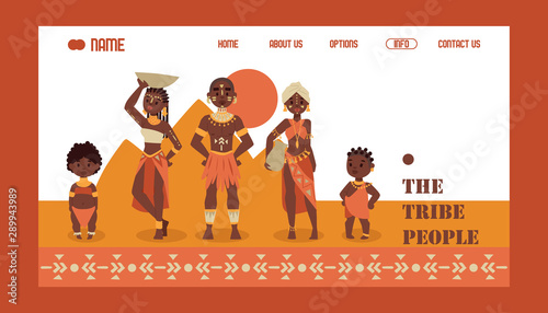 African native family tribe people, vector illustration. Travel agency website design, exotic tours to Africa. Group of ethnic tribe characters in traditional clothes, cartoon style