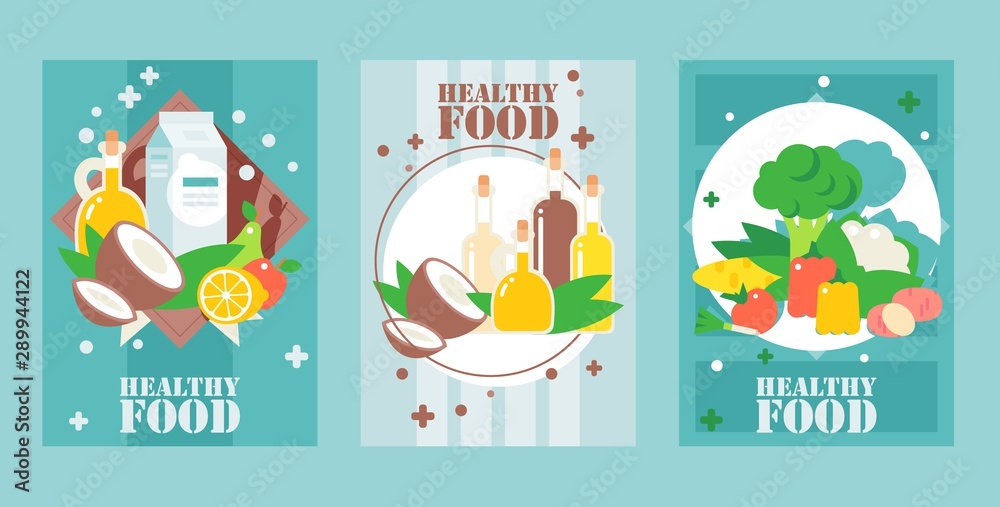 Healthy food banners, vector illustration. Flat style design for food packaging cover, grocery store posters, website banners. Natural organic vegetarian products