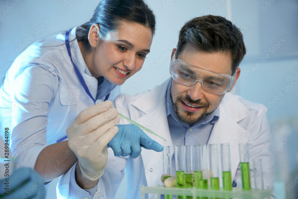 Scientists working with sample in chemistry laboratory Scientists working with sample in chemistry laboratory