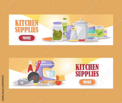 Kitchenware cooking supply store banners, vector illustration. Kitchen appliances and household utensils online shop. Cooking set website header, kitchen items professional accessories