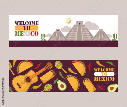 Mexico sightseeing tour banners, vector illustration. Mexican culture flat icons, national cuisine and tourist attractions. Traditional local food, historic landmarks, music, Mexico travel banners