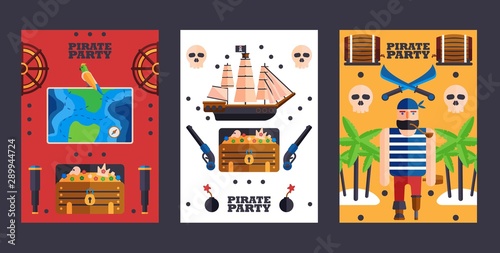 Pirate style party invitation, vector illustration. Symbols of piracy, simple flat banners. Set of colorful cards party announcement
