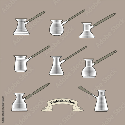 Set of Turkish coffee pot. Vector illustration.