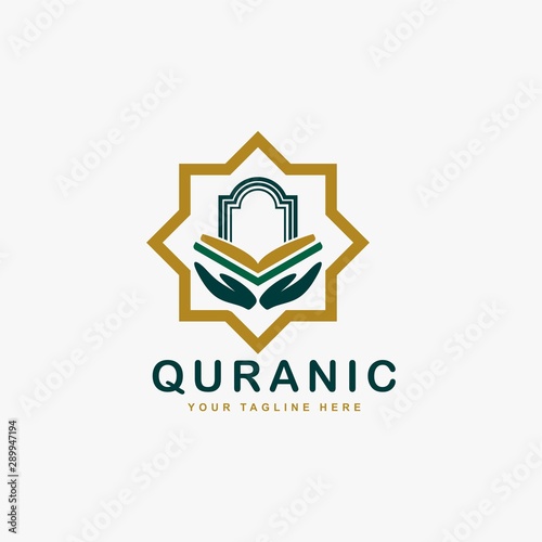 Quran logo design vector. Text of islam illustration symbol. Arabic ornament vector icon.