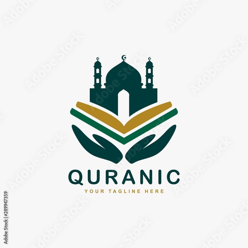 Quran logo design vector. Text of islam illustration symbol. Arabic ornament vector icon.