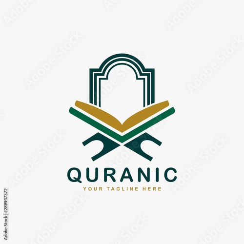 Quran logo design vector. Text of islam illustration symbol. Arabic ornament vector icon.