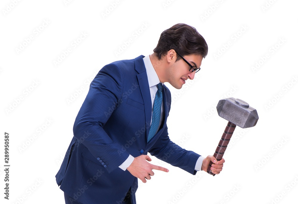 Businessman with hammer isolated on white background Businessman with hammer isolated on white background