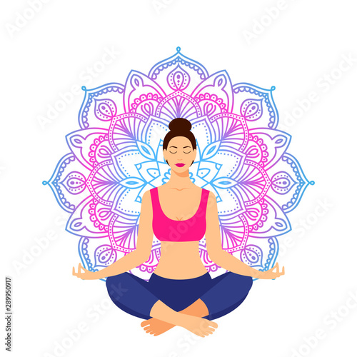 Young woman sitting in yoga lotus pose against the background of the circular ornament. Meditating girl illustration. Yoga woman, meditation, anti-stress people.
