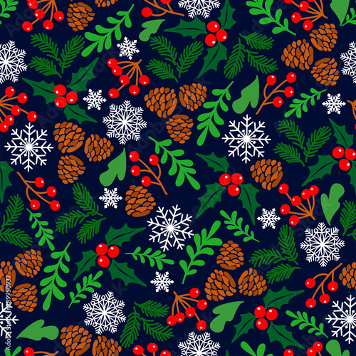 Winter seamless vector pattern with holly berries. Part of Christmas backgrounds collection. Can be used for wallpaper, pattern fills, surface textures,  fabric prints.