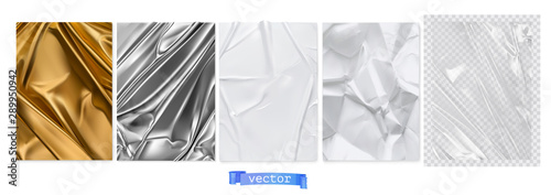 Gold fabric, silver foil, white paper, transparent plastic film. 3d realistic textures, vector set photo
