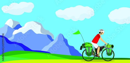 Vector illustration of man riding touring bicycle with travel and camping gear and bags with mountains on background. Bikepacking on country side on sunny day.