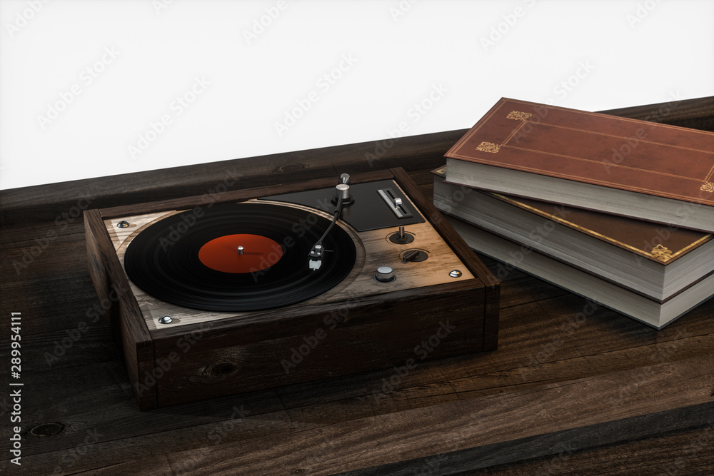 The old wooden vinyl record player on the table, 3d rendering. The old wooden vinyl record player on the table, 3d rendering.