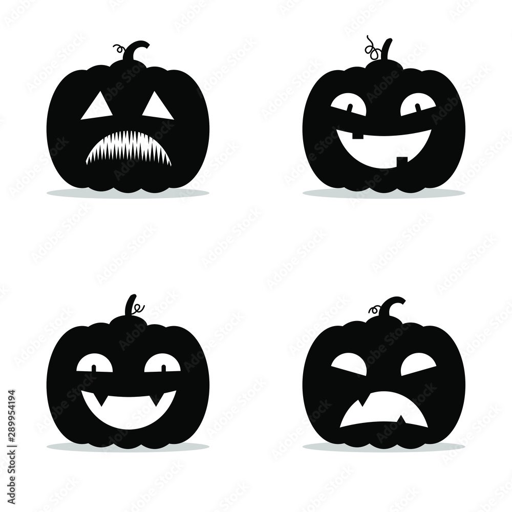 Halloween pumpkins carved faces silhouettes collection. Template with