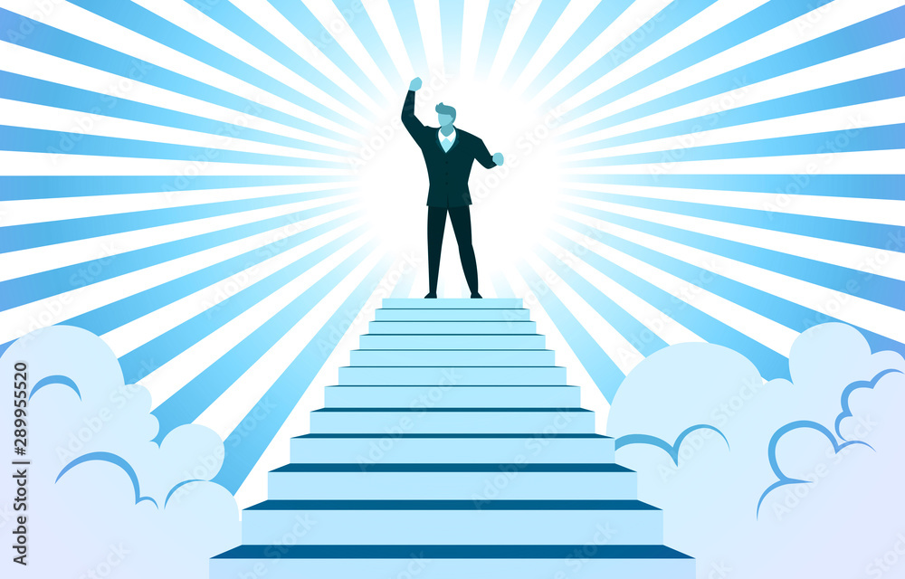 Successful Businessman Rise Hand on Top Stairs Cloud Sunbeam Vector Illustration