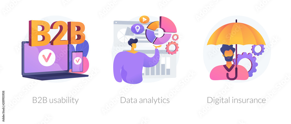 Business services icons set. Corporate partnership, statistic analysis, internet security. B2B usability, data analytics, digital insurance metaphors. Vector isolated concept metaphor illustrations