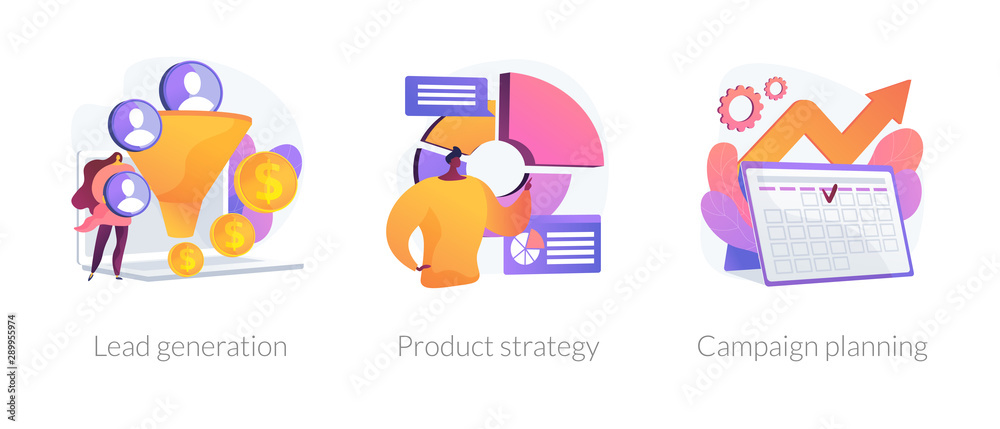 Marketing industry icons set. Potential client targeting, advertising business. Lead generation, product strategy, campaign planning metaphors. Vector isolated concept metaphor illustrations