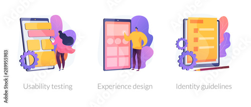 App prototyping icons set. User friendly interface development, branding plan. Usability testing, experience design, identity guidelines metaphors. Vector isolated concept metaphor illustrations