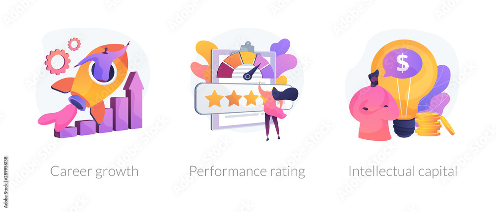 Success achievement icons set. Business promotion, user feedback, professional skills. Career growth, performance rating, intellectual capital metaphors. Vector isolated concept metaphor illustrations