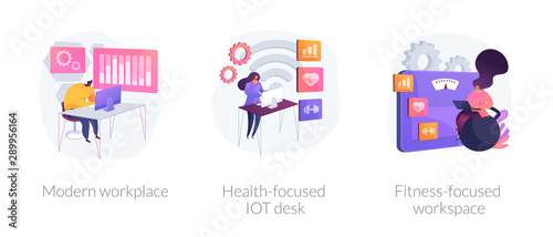 Professional workspace icons set. Smart personal space, employee care. Modern workplace, health-focused IOT desk, fitness-focused workspace metaphors. Vector isolated concept metaphor illustrations