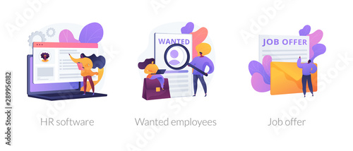 Recruitment agency icons set. Human resources management, personnel hiring, employment contract. HR software, wanted employees, job offer metaphors. Vector isolated concept metaphor illustrations