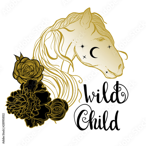 Boho illustration of horse with flowers and lettering. Wild child poster.
