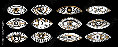 Set eyes mystic hand draw.Occult mystic emblem.Evil Seeing eye symbol naive set.