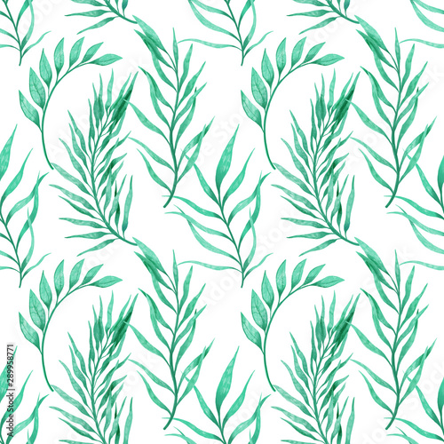 Plant branch hand drawn pattern seamless. Ethnic ornament  floral print  textile fabric  botanical element. Green color in white bsckground.