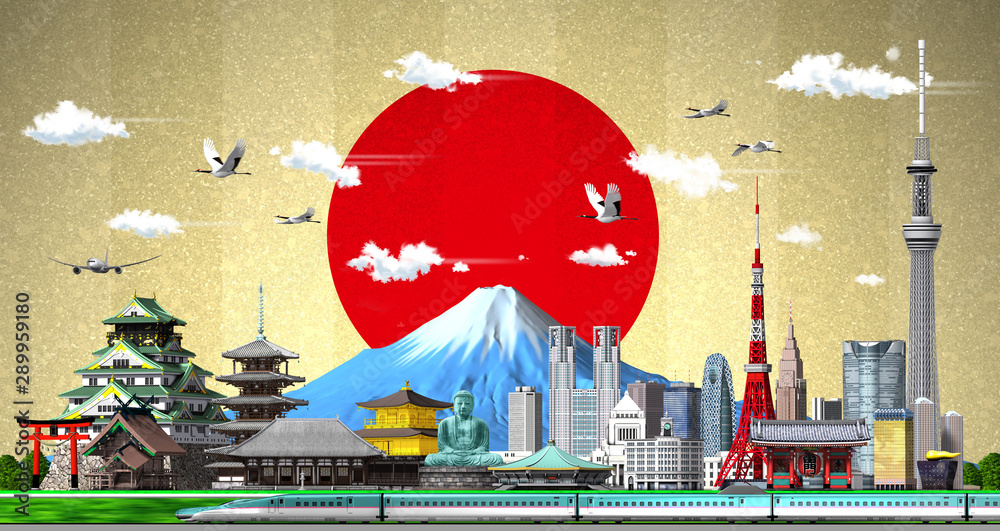 Obraz premium Illustration of Japan and Hinomaru in gold screen-back by 3d rendering