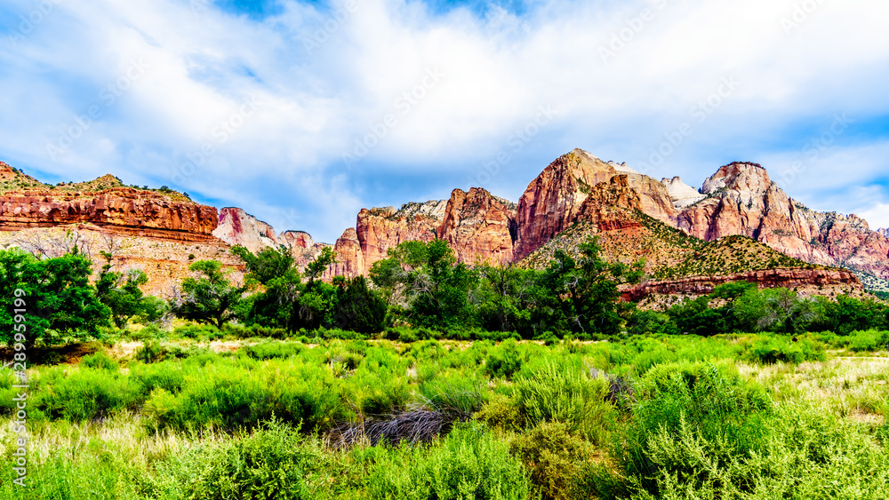 The West Temple, Sundial and Altar of Sacrifice Mountains viewed from the Pa'rus Trail which follows along and over the meandering Virgin River in Zion National Park in Utah, USA