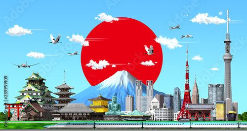 Illustration of Japan and Hinomaru in blue sky by 3d rendering