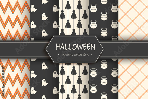 Set of halloween backgrounds. Collection of seamless patterns in the traditional holiday colors. Vector illustration.